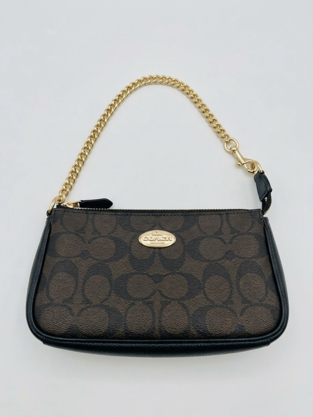 Coach Brown Signature Canvas Wristlet with Black Trim & Gold Chain